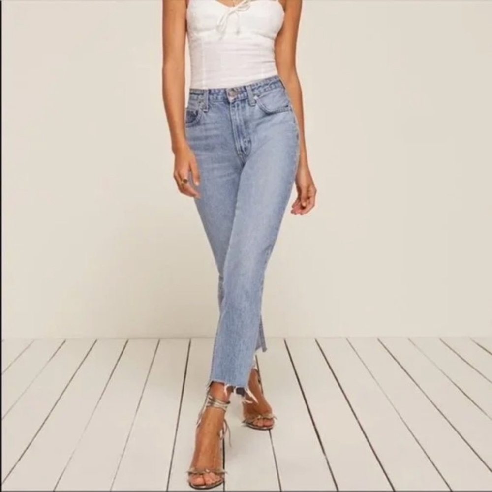 Reformation Raw Hem High Rise Light Wash Straight Leg Jeans